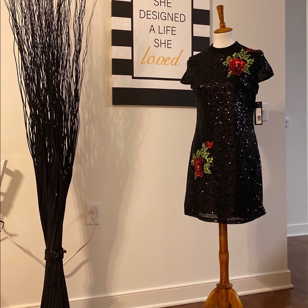 Black sequin dress red flowers